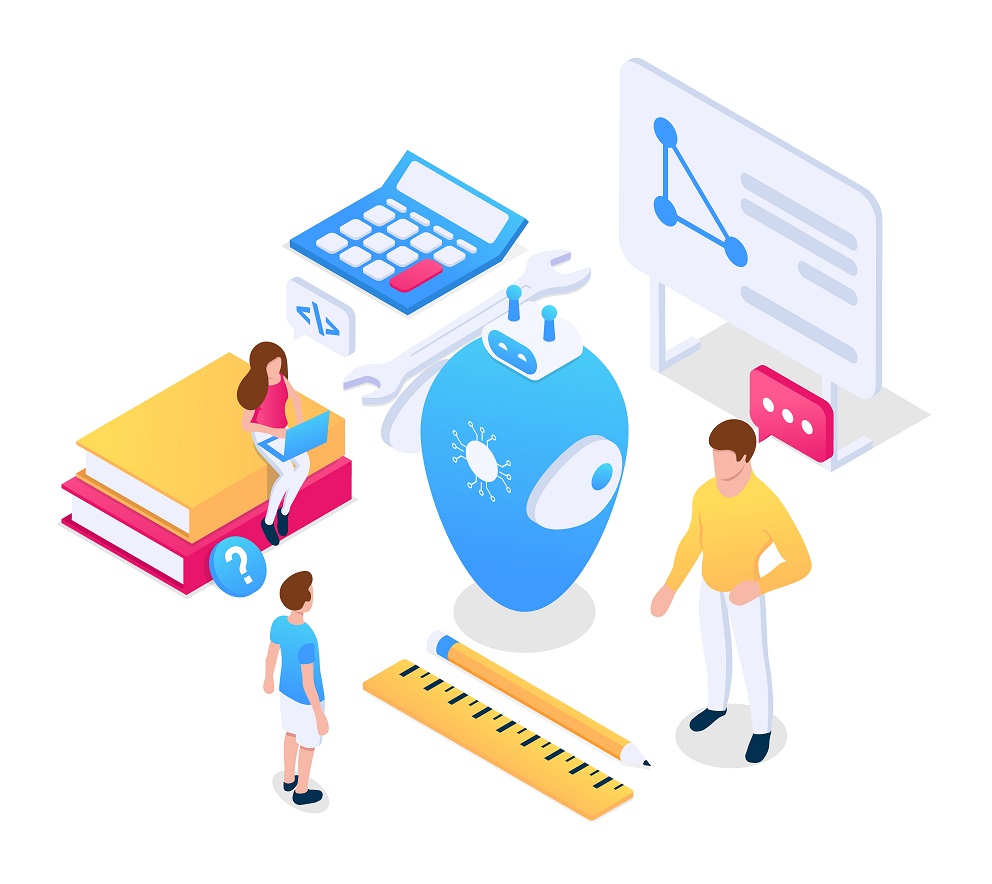 Robotics for kids concept. Hobby clubs for children, additional education, study of modern technologies. Isometric vector illustration on white background.